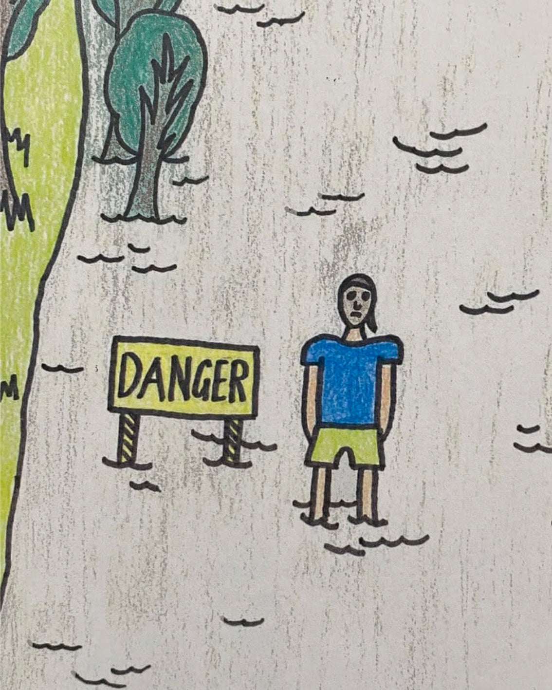 Zanda's colour pencil drawing of a boy standing in floodwater beside a DANGER sign, surrounded by trees.