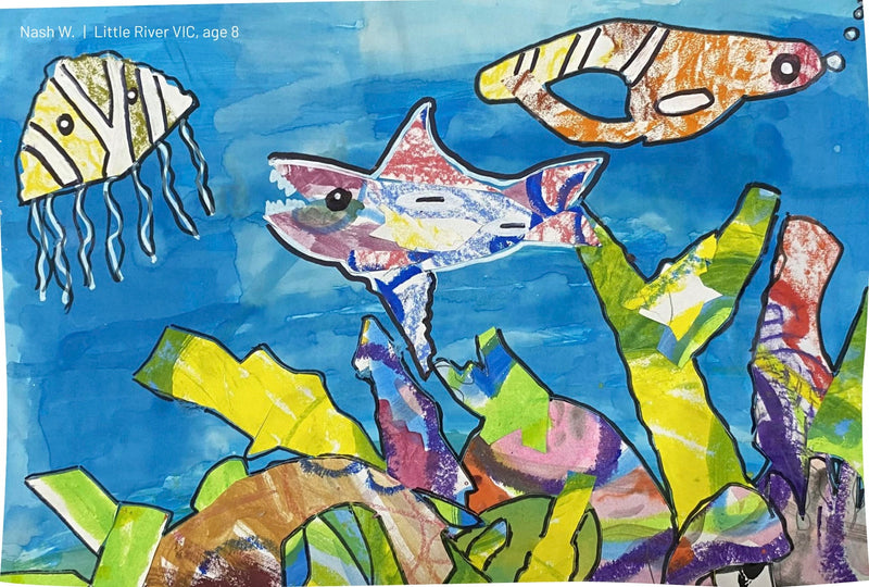 Mixed-media collage painting of a shark, fish and coral reef by Nash W., age 8, Little River VIC.