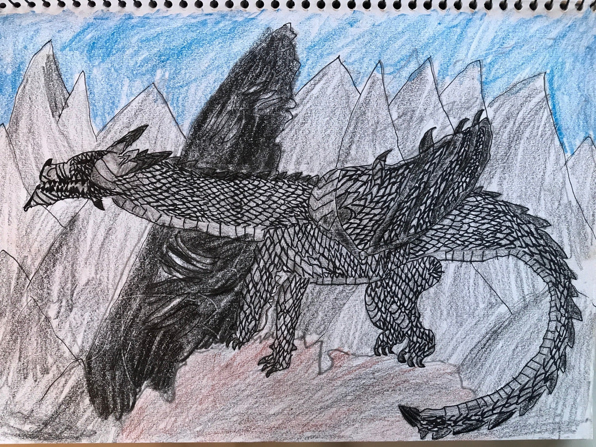 Zard the destruction dragon standing before the mountains, drawn by Sam C.