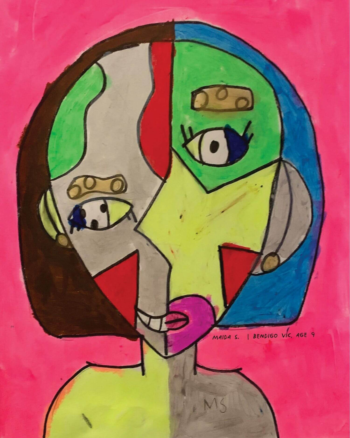 Bold, colourful abstract portrait painting by Maida S., age 9, Bendigo VIC.