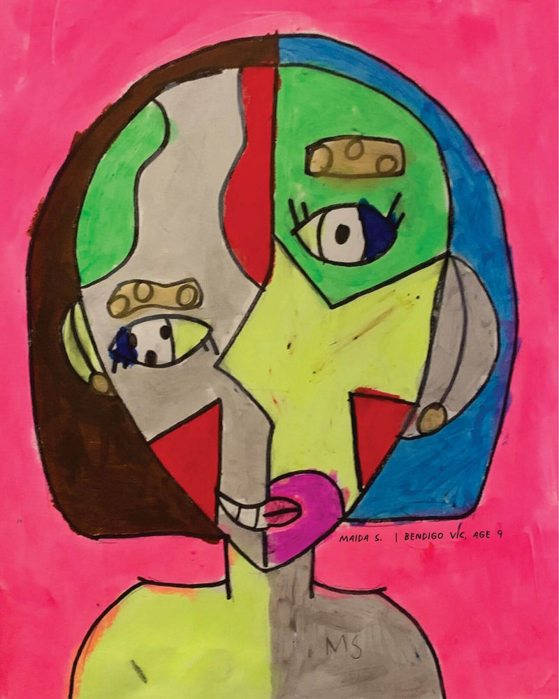 Bold, colourful abstract portrait painting by Maida S., age 9, Bendigo VIC.