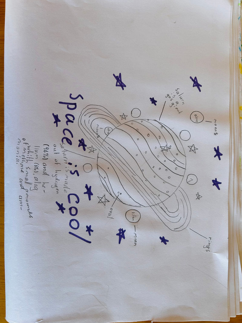 A hand-drawn diagram of Saturn with its rings labeled, surrounded by stars and moons including Titan. The page includes the text 'Space is Cool' in large decorated letters and handwritten notes about Saturn's composition of hydrogen, helium, and methane.