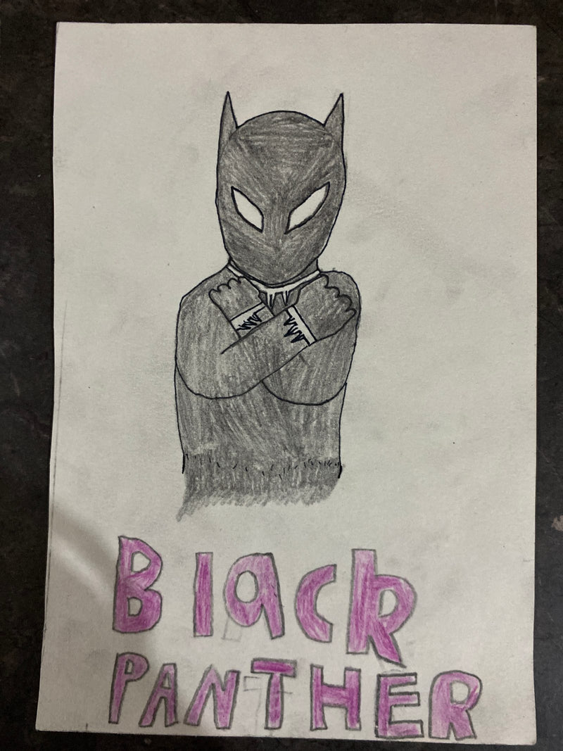A pencil drawing of Black Panther in his iconic mask with cat ears and white eye slits, standing with arms crossed in a Wakanda salute. The character's name 'Black Panther' is written in large pink bubble letters at the bottom of the page.