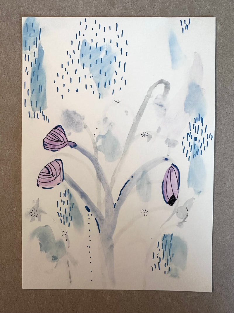 A watercolour painting on white paper featuring graceful plant stems with pink and purple flower buds, soft blue washes in the background, and small dark blue dash marks scattered throughout to suggest rain or texture.
