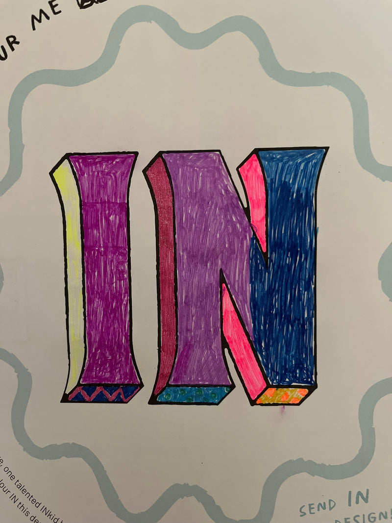 A hand-drawn artwork featuring the letters 'IN' in large, bold, three-dimensional block lettering. The letters are filled with vibrant purple, blue, and pink marker colours, with decorative patterns along the bases, set against a white background with wavy light blue border designs.