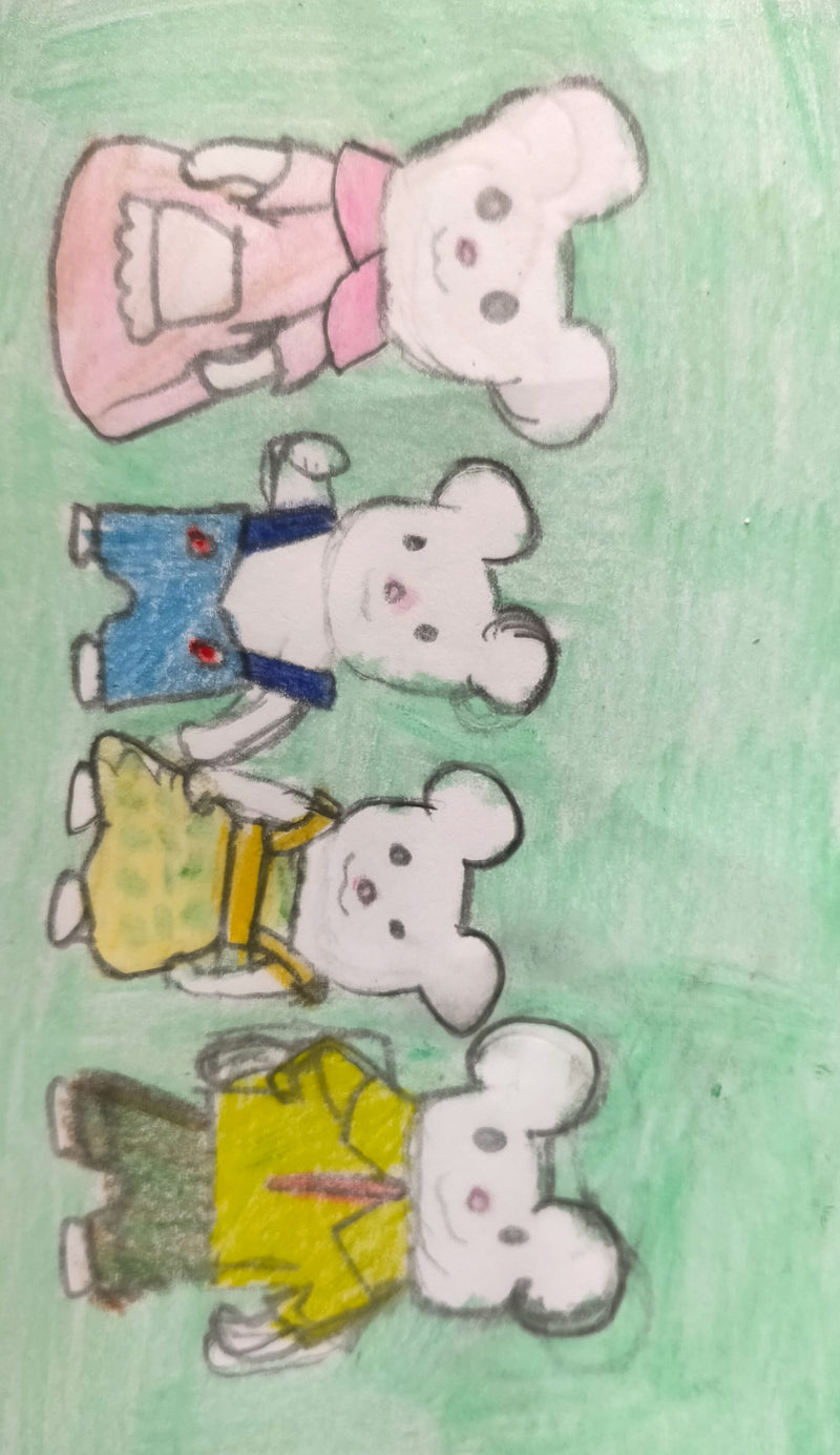 A hand-drawn coloured pencil illustration of four small mouse characters from the Sylvanian Families toy range, each wearing different outfits including pink, blue, yellow, and olive green clothing, set against a green background.