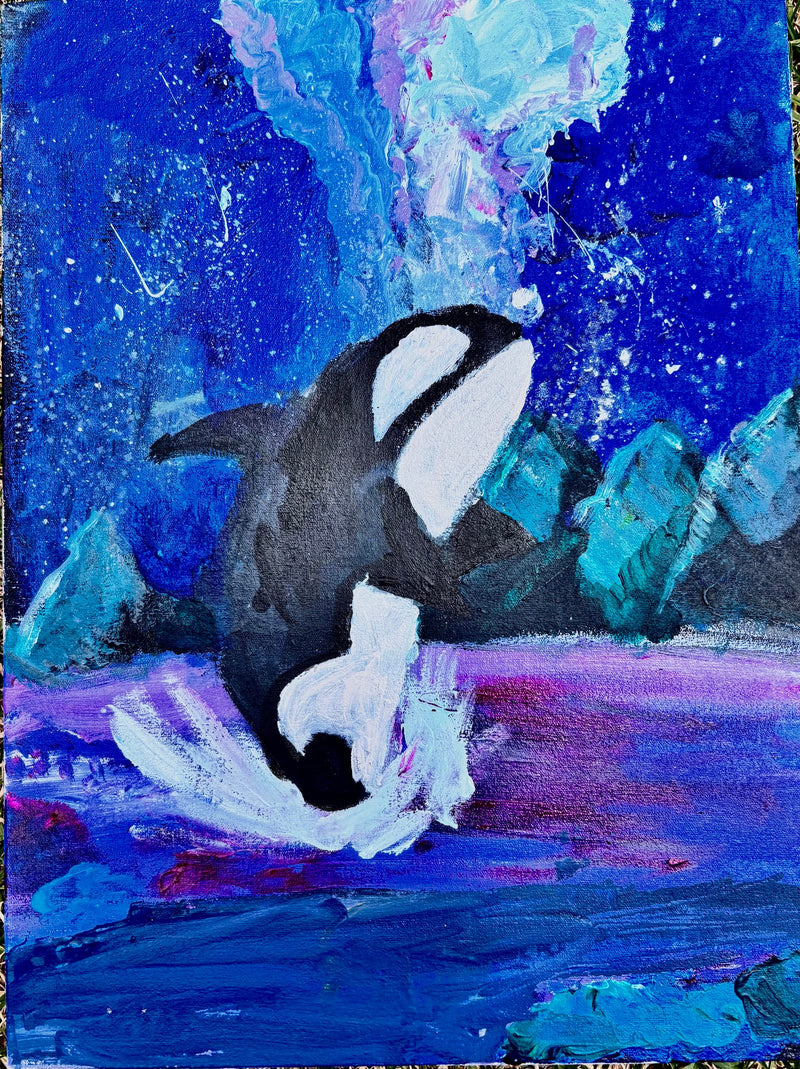 An acrylic painting of a black and white orca whale leaping through water against a deep blue background with splashes of white, purple, and teal. Rocky shapes and starlike white dots add texture to the vibrant, expressive scene.