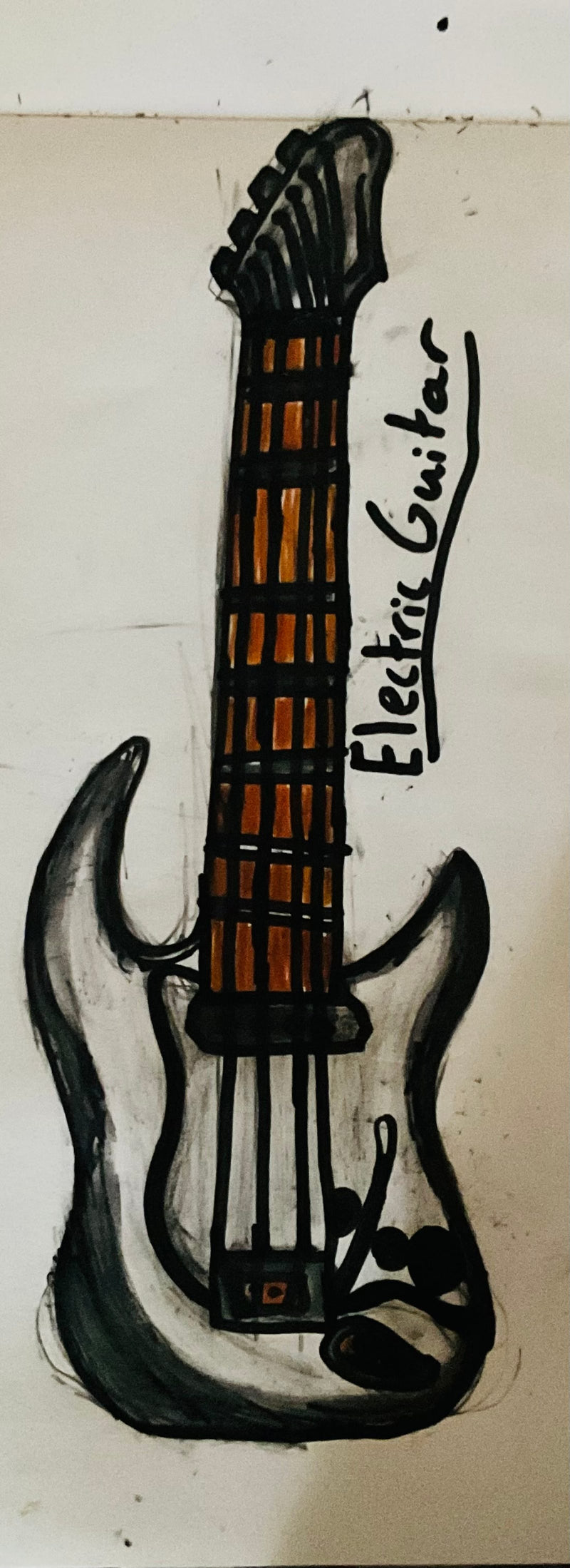 A hand-drawn illustration of an electric guitar rendered in black marker and paint, with an orange-brown fretboard. The word 'Electric Guitar' is written in stylised lettering beside the neck of the instrument.