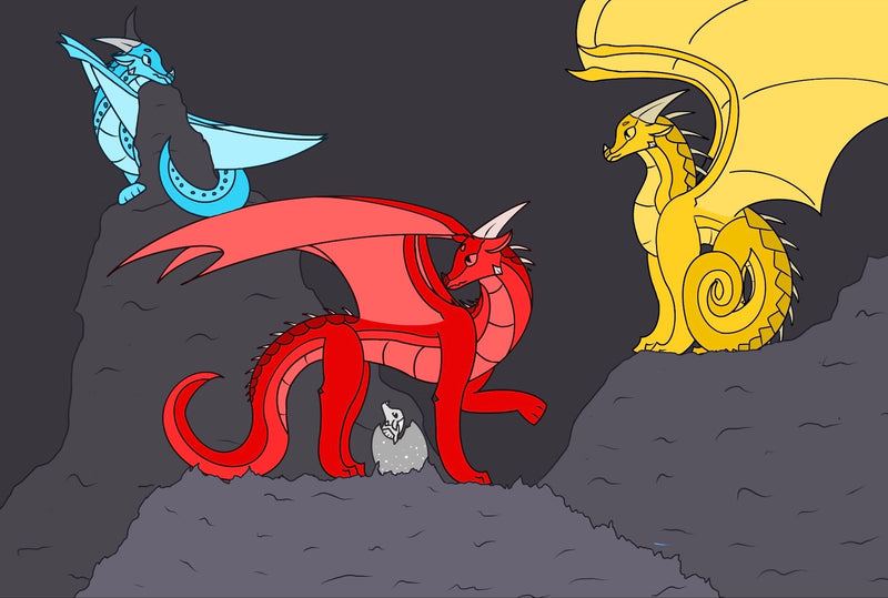 A digital illustration of four fantasy dragons in a dark cave setting. The dragons are coloured red, blue, and gold, with one small grey hatching dragon visible beneath the large red dragon.