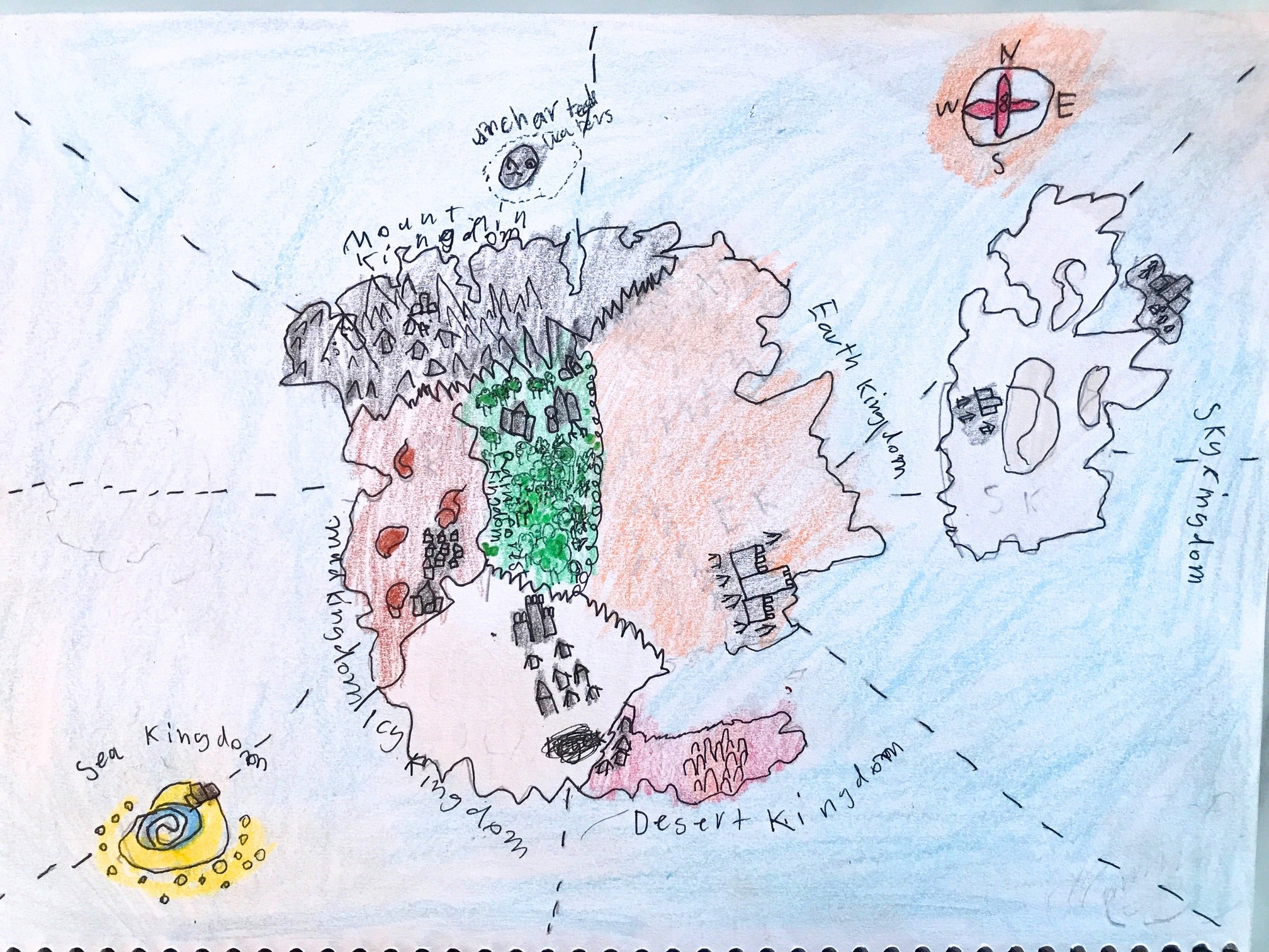 Sam's hand-drawn map of the eight realms, with the Mountain, Earth, Sky, Sea, Icy and Desert Kingdoms