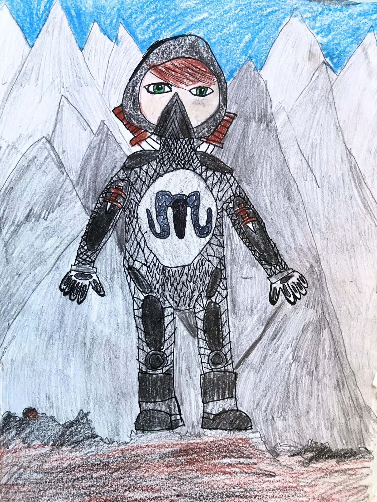 Brox the knight in scale armour standing in the mountains, drawn by Sam
