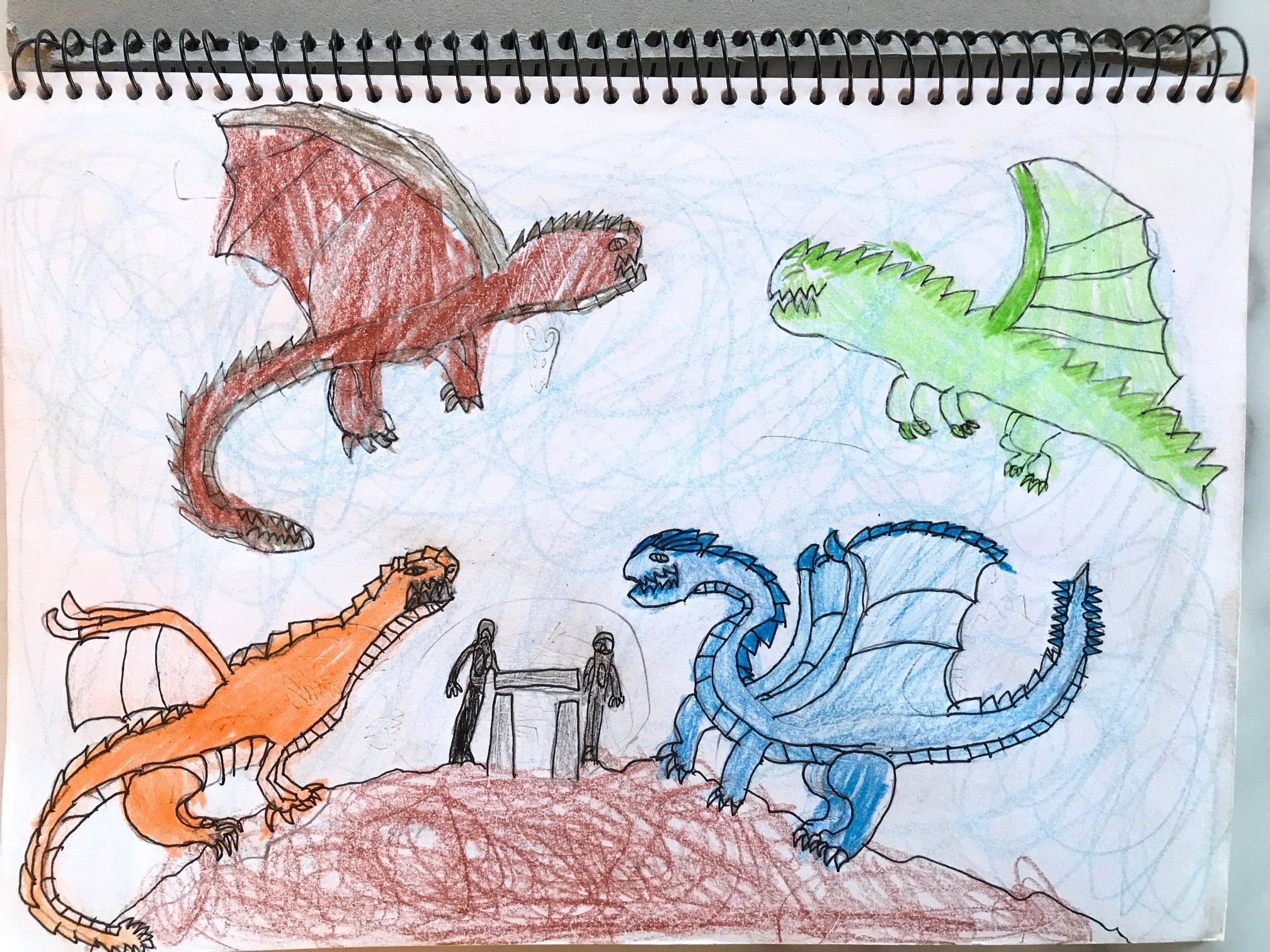 Four elder dragons meeting the knights at an altar
