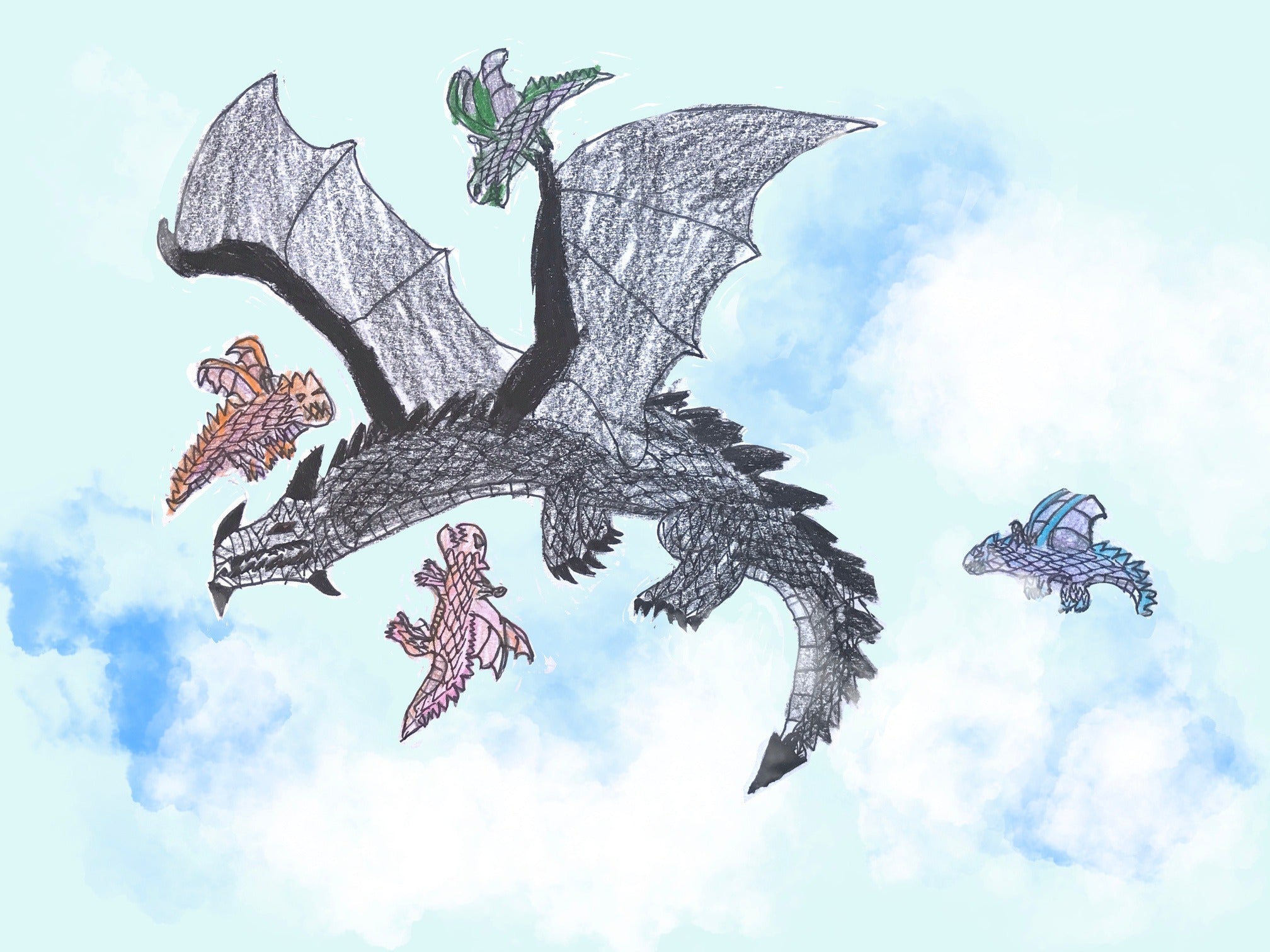 The knights on their dragons flying around Zard to lure him