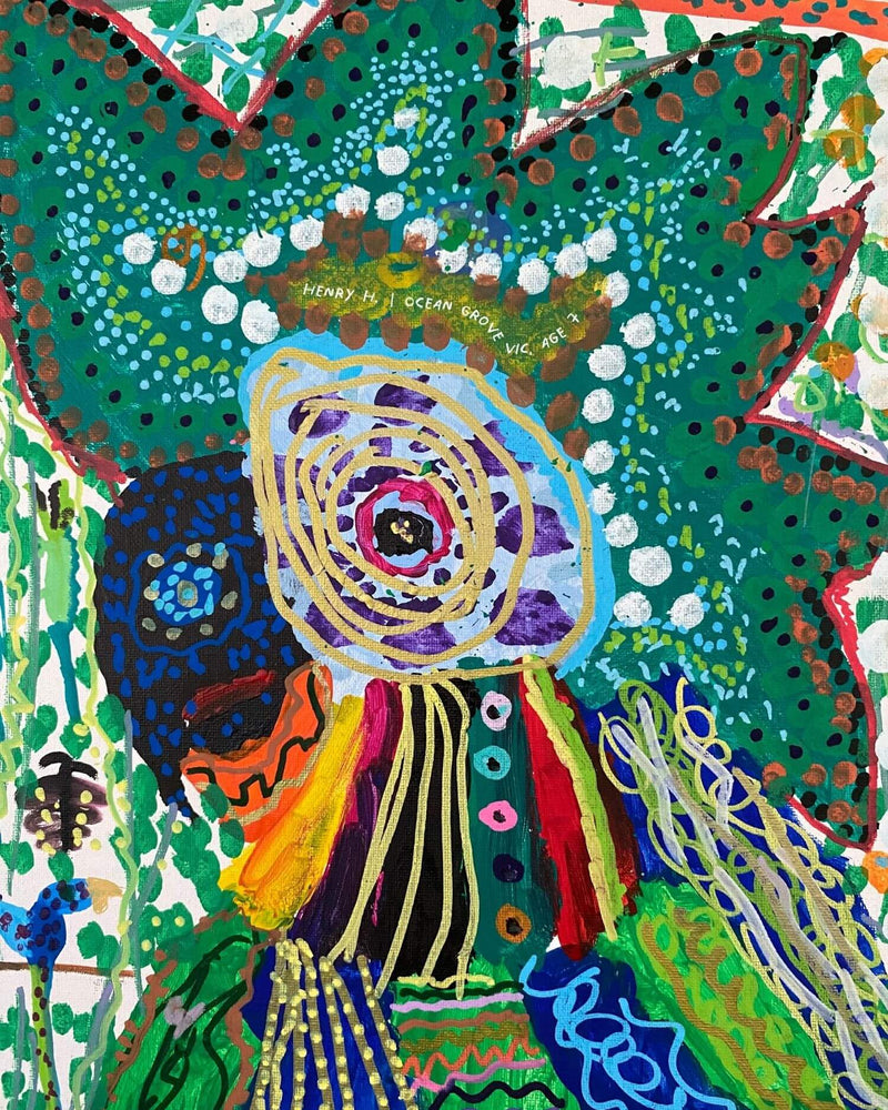 Vibrant abstract painting with dot patterns by Henry H., age 7, Ocean Grove VIC.