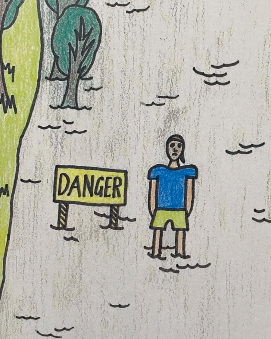 Zanda's colour pencil drawing of a boy standing in floodwater beside a DANGER sign, surrounded by trees.