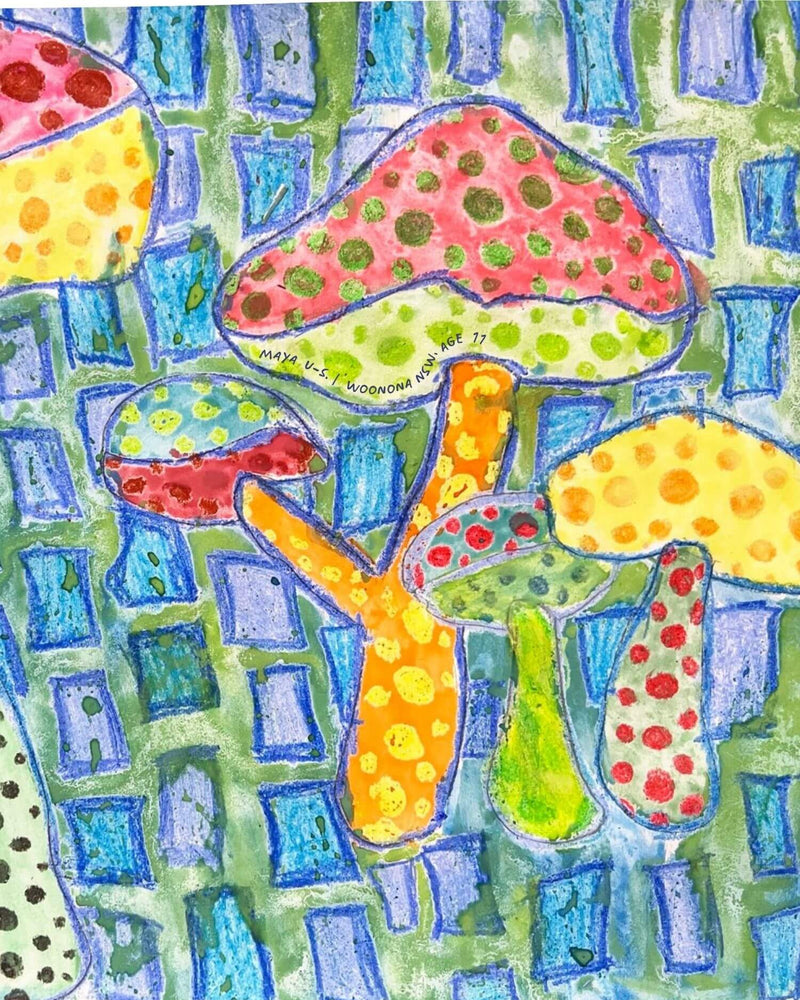 Colourful painting of spotted mushrooms against a blue patterned background.