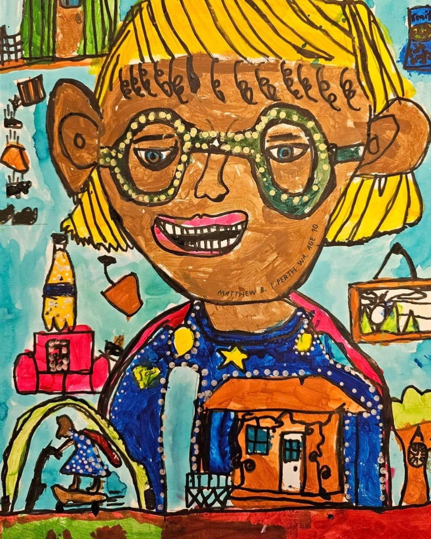 A bold painted self portrait by Matthew B., age 10, from Perth WA, published in theINmag