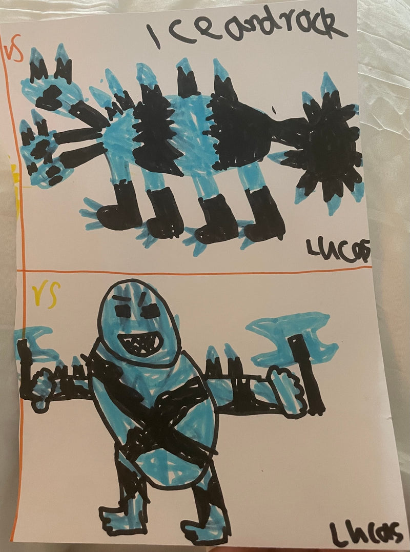 A two-panel marker drawing on white paper titled 'Ice and Rock'. The top panel shows a spiky multi-legged ice creature with claws and spines, while the bottom panel depicts a blue armoured humanoid warrior holding weapons, both drawn in blue and black marker.