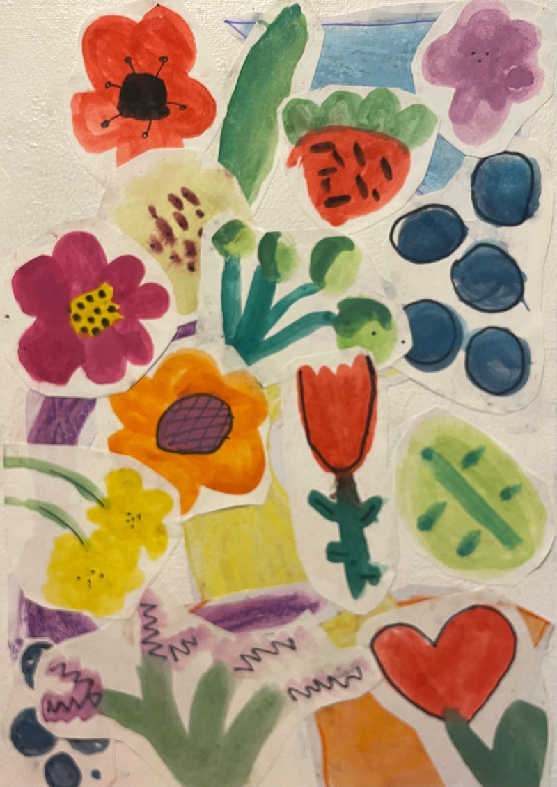 A colourful collage on canvas made from cut-out watercolour paintings of flowers, leaves, berries, a strawberry, a heart, and other botanical shapes arranged in a cheerful, overlapping composition.