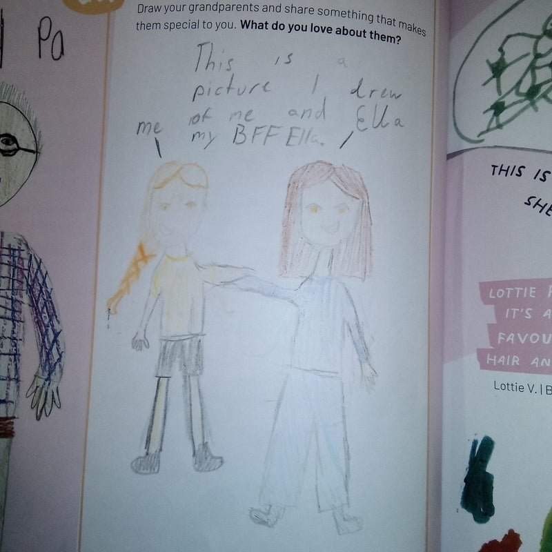 A child's pencil and coloured pencil drawing of two girls standing side by side. One girl has blonde hair and wears a yellow top with dark shorts, the other has reddish-brown hair and wears a light blue outfit.