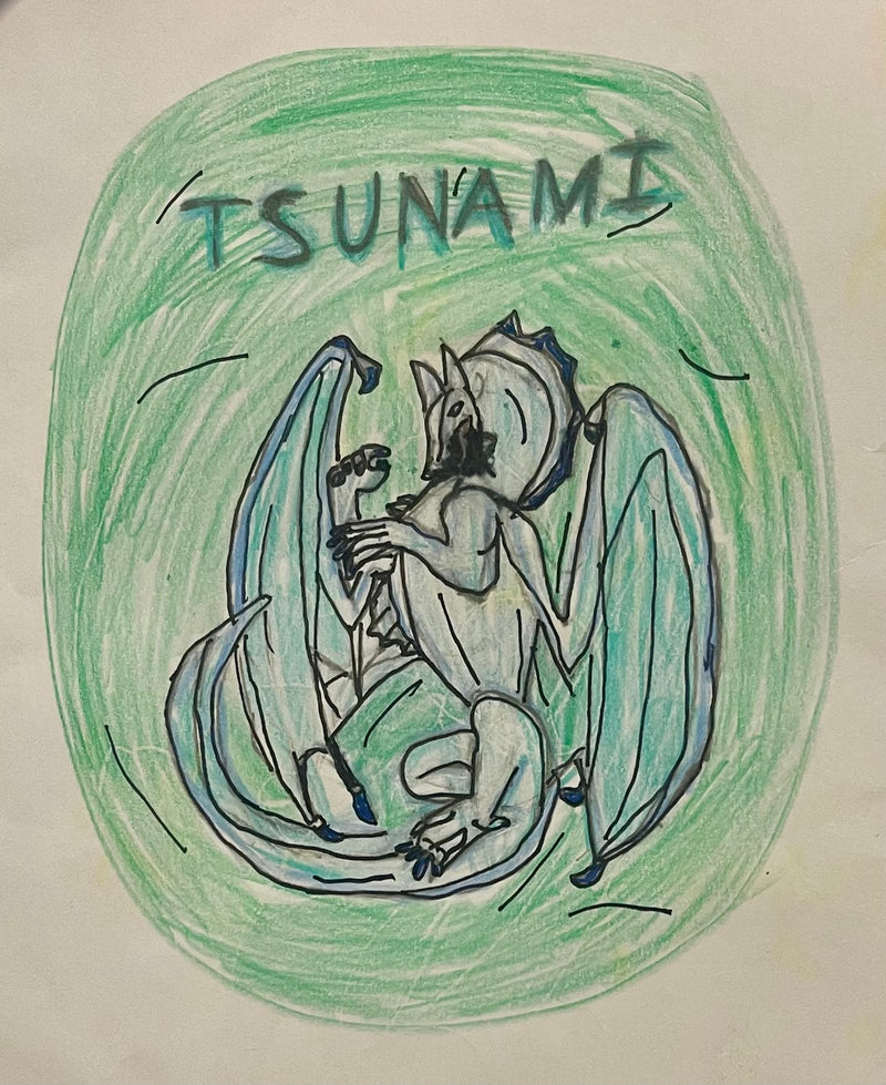 A hand-drawn dragon character named Tsunami, coloured in shades of blue and white with dark blue accents on its spines and claws. The dragon is seated in a curled pose with wings spread, set against a green circular background.