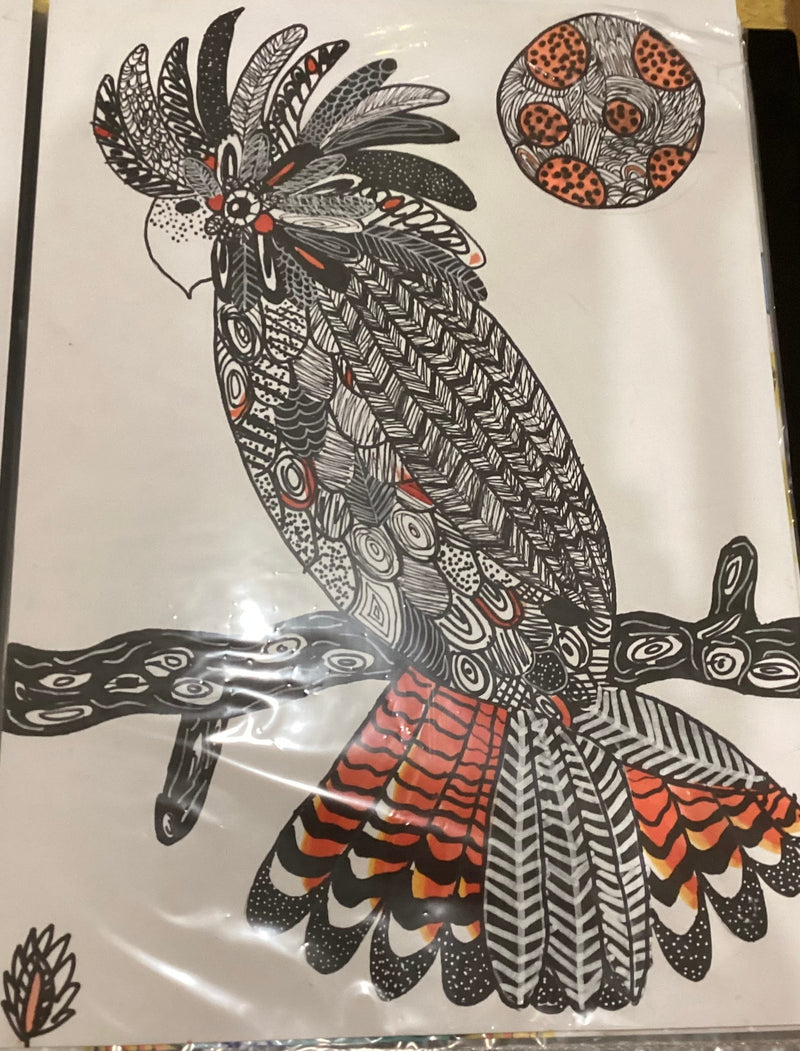 A highly detailed zentangle-style illustration of a cockatoo perched on a branch, filled with intricate black and white patterns and bold orange and red accents. The bird features an elaborate crest, decorative feathers, and is accompanied by a circular patterned moon shape in the upper right corner.