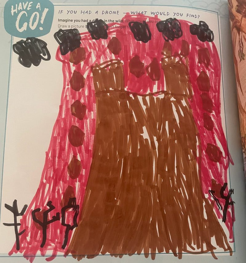 A child's drawing in red and brown marker showing a large volcano with lava, surrounded by dark clouds and red rocks. Small stick figures appear at the base of the volcano.