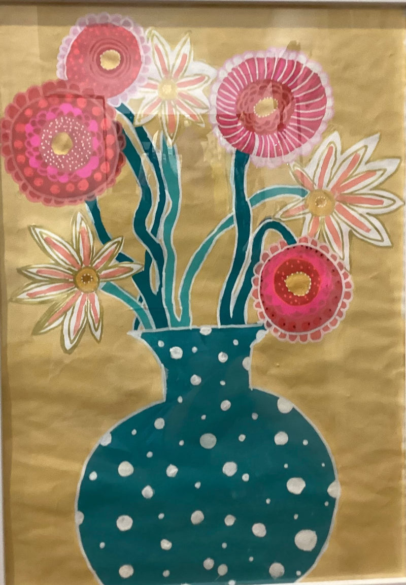 A colourful painting of a teal polka-dot vase filled with a bouquet of patterned flowers in shades of pink, red, and white, set against a golden yellow background. The flowers feature detailed patterns including stripes, dots, and concentric circles, created with paint pens.
