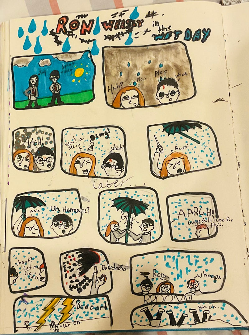 A hand-drawn comic strip titled 'Ron Weasley in the Wet Day' featuring cartoon characters getting caught in the rain, using magic spells with an umbrella, and causing accidental chaos with lightning and thunder.