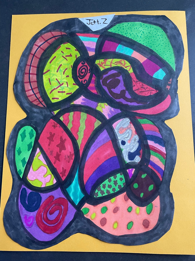 A vibrant abstract artwork on yellow paper featuring bold black curved lines forming organic shapes filled with colourful patterns including stripes, dots, stars, spirals, and swirls in bright reds, greens, purples, pinks, and blues.