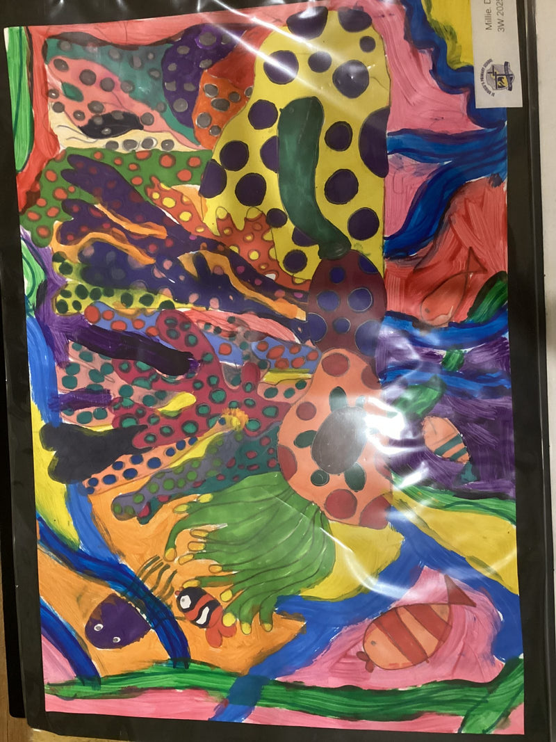 A vibrant, colourful painting inspired by Yayoi Kusama, featuring bold polka dots, swirling lines, and contrasting colours across the entire canvas. Small fish figures are visible among the layered patterns of orange, yellow, blue, green, purple, and pink.