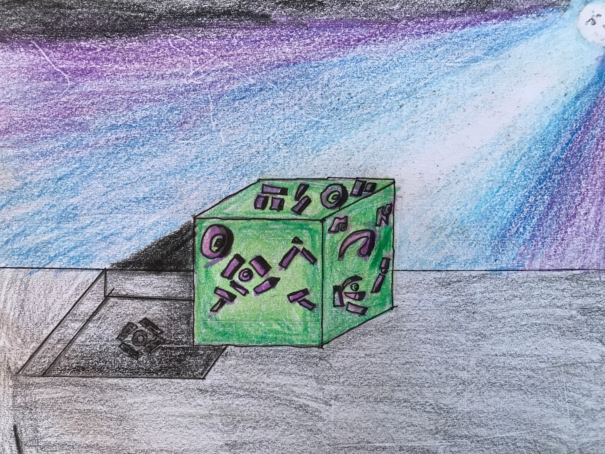 The green Zardex Cube on an altar in moonlight
