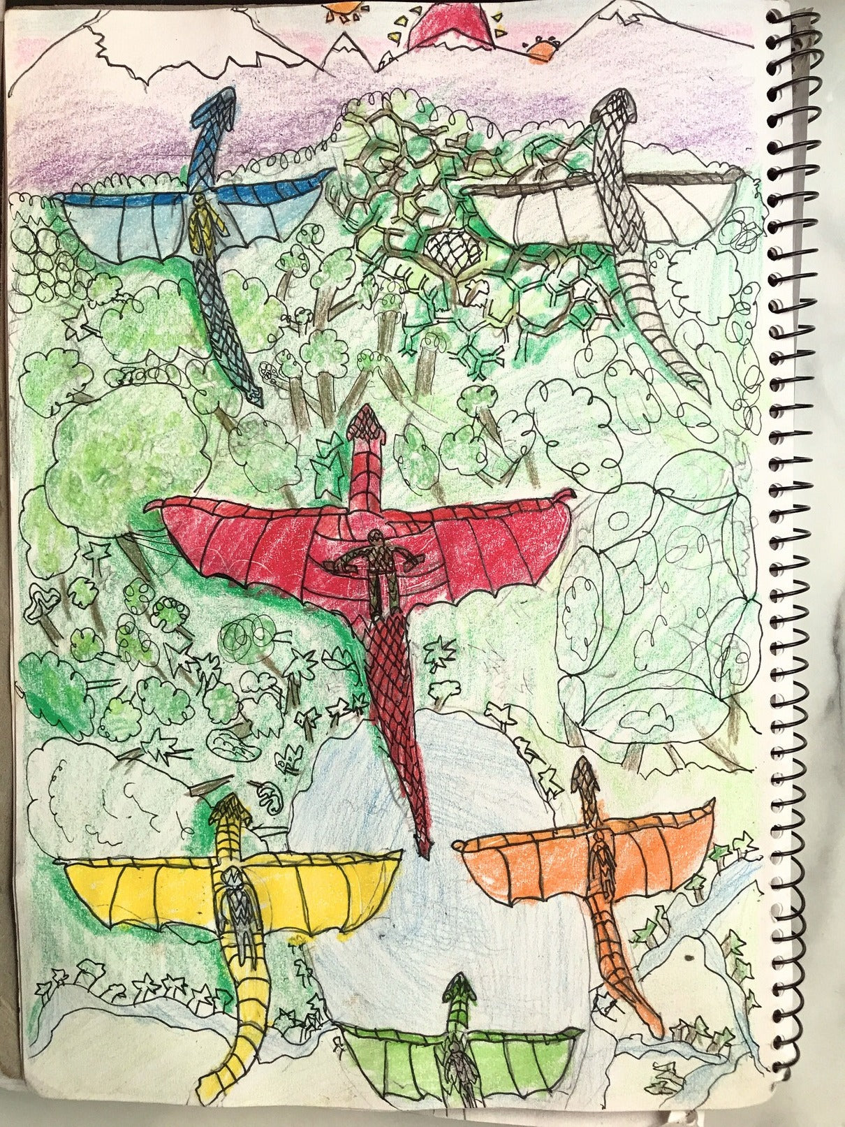 Six coloured dragons flying over the rainforest kingdom